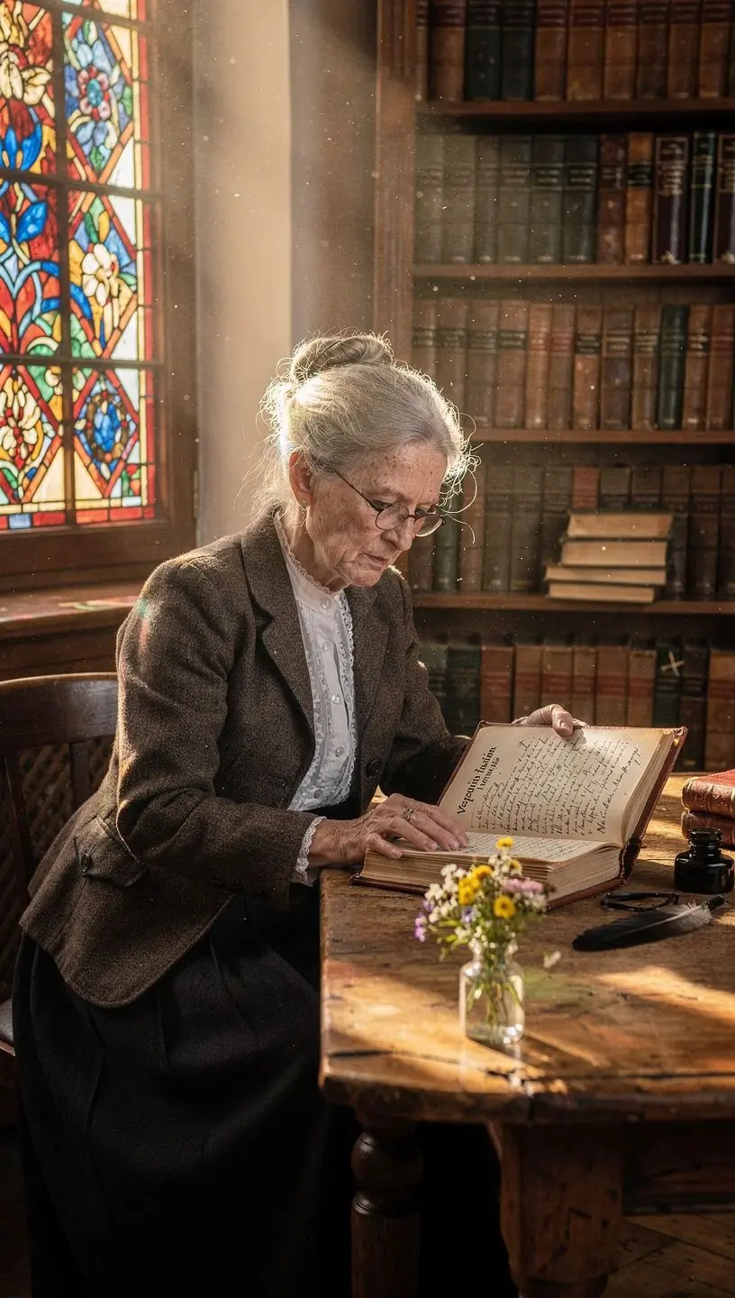 Snímek knihovny plné historických publikací a biografií.